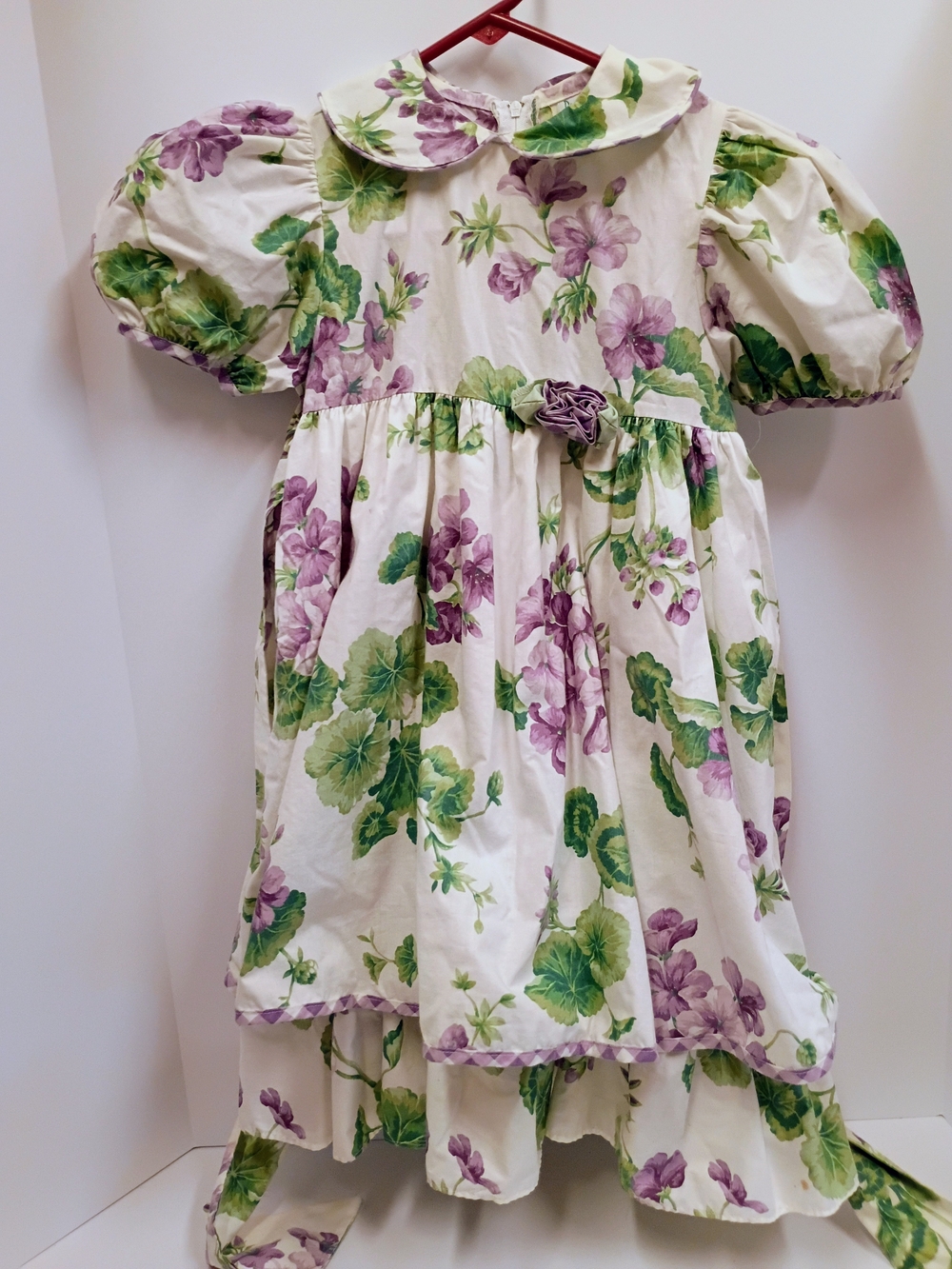 Girls' Floral Puff-Sleeve Formal Dress in White, Green & Purple